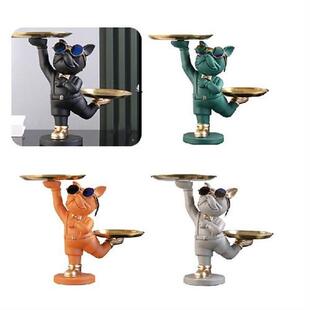 Resin Dog Statue 2 Metal Trays Cool Bulldog Ornament