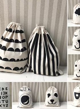 Striped Animal Pattern Cotton Laundry Bag Large Drawstring