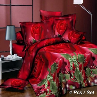 4PCS Cotton 3D Rose Bedding Sets Soft Duvet Cover Bedsheet P