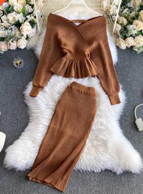 SINGRAIN Autumn Women Shiny Knitting Skirts Sets Lurex Ruffl