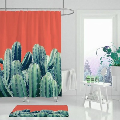 Bath-Curtain Shower Hooks Cactus Polyester-Fabric Home-Decor