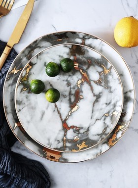 1PCS Tableware Marble Plates Ceramic Dinner Set Gold Inlay