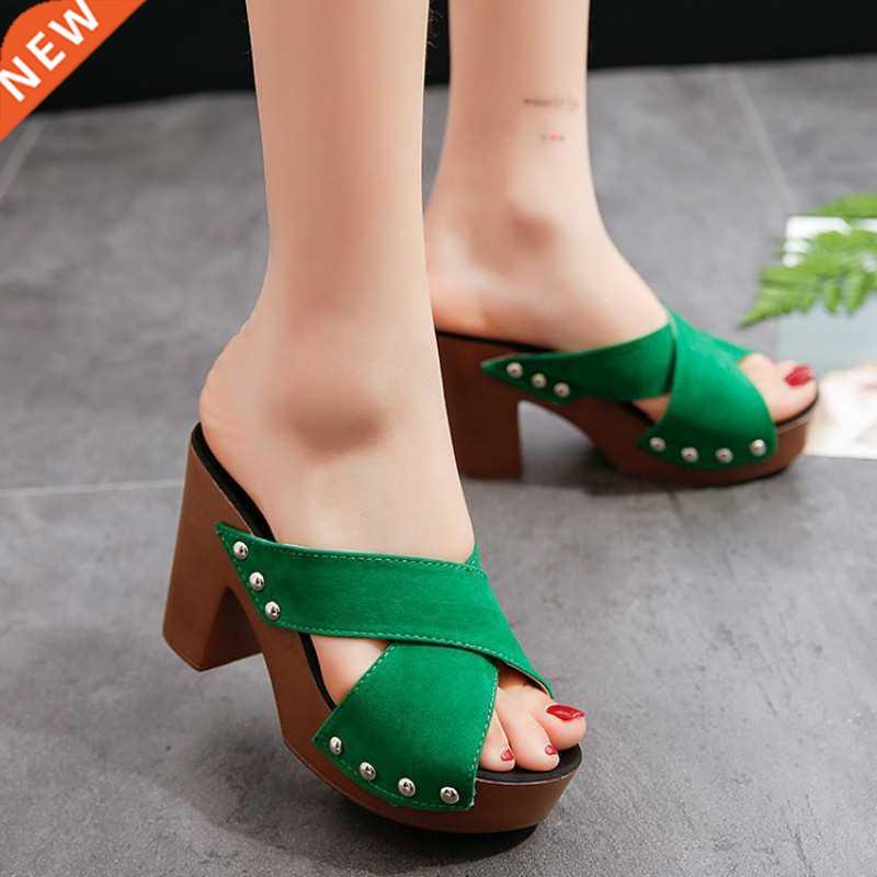 Women Sandals 2020 New Square High Heel Platform Flock Casua