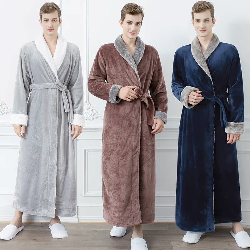 Men Plus Size Extra Long Warm Flannel Fur Bathrobe Mens Wint