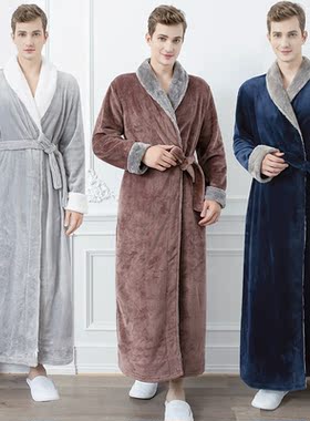 Men Plus Size Extra Long Warm Flannel Fur Bathrobe Mens Wint