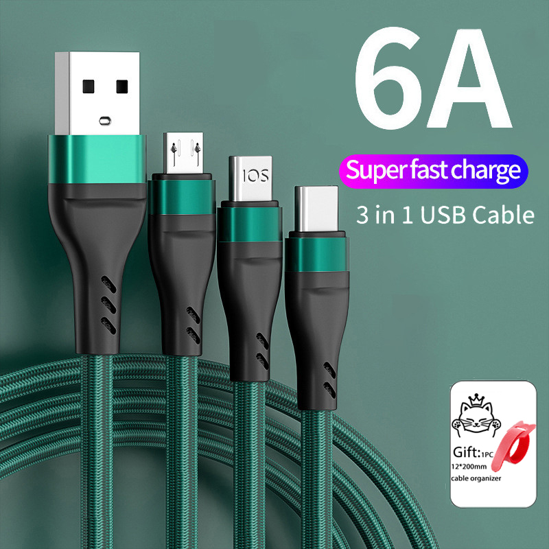 6A 3 in 1 Charging Cable Type-C Micro USB Fast Charger Micro