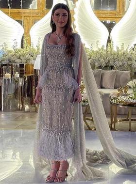 Sharon Said Bling Gray Mermaid Arabic Evening Dress with Cap