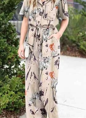 Women Fashion Pattern Print Party Shirt Jumpsuit Summer Casu