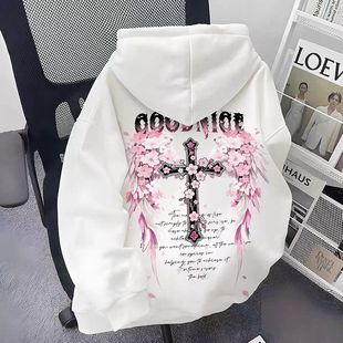 美式高街男女童上衣十字架翅膀印花中大童秋冬加绒连帽休闲卫衣