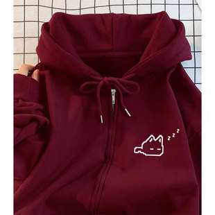 瞌睡小猫印花港风连帽外套女中童秋冬季hiphop慵懒风休闲卫衣帽衫