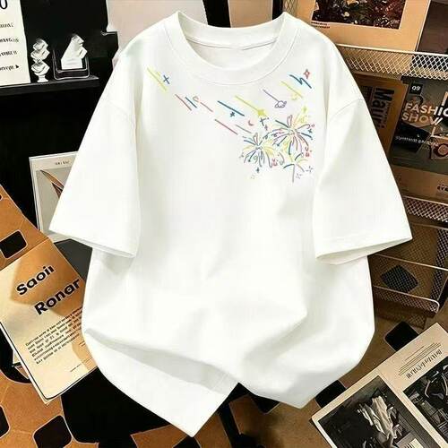 女童短袖T恤夏季新款清新烟花印花中大童宽松纯棉洋气体恤衫上衣