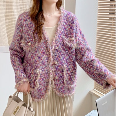 2165小香风时尚百搭双面绒外套韩版宽松外套开衫毛衣气质