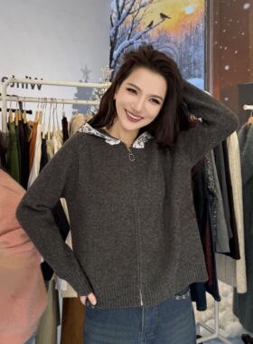 恩佳N  6016精致蕾丝拼接连帽针织开衫