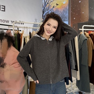 恩佳N 6016精致蕾丝拼接连帽针织开衫