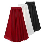 夏季 红色半身裙大码 胖mm雪纺纱裙广场舞酒红色长裙女跳舞裙子长款