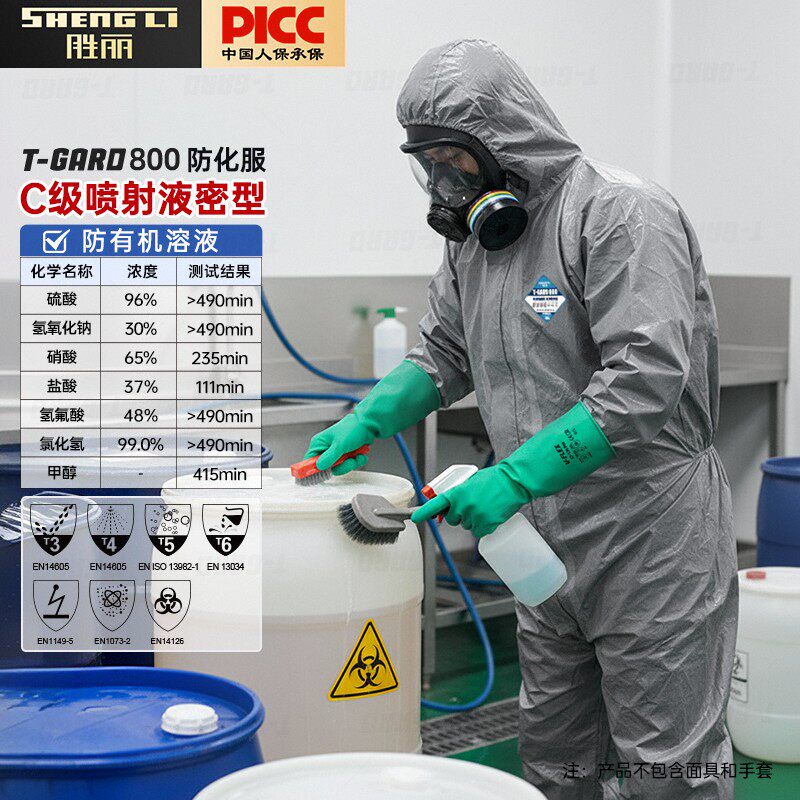 胜丽 C级防化服耐酸碱石油化工防有机溶液连体带帽化学防护服灰色