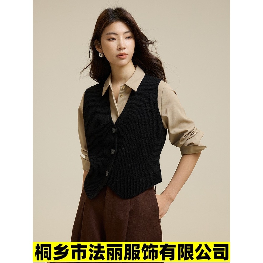 桐乡市法丽服饰有限公司黑色全羊毛马甲女25春季新款女士毛衣搭配
