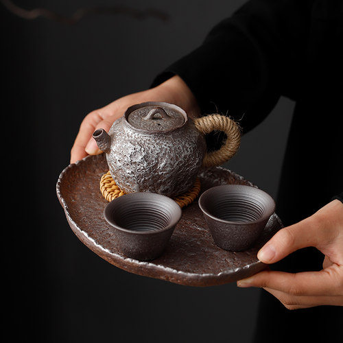 粗陶老岩泥茶壶复古手捏干泡盘