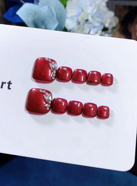 脚甲 网红大红色手工穿戴甲仙仙温柔气质假指甲贴片可拆卸【63】