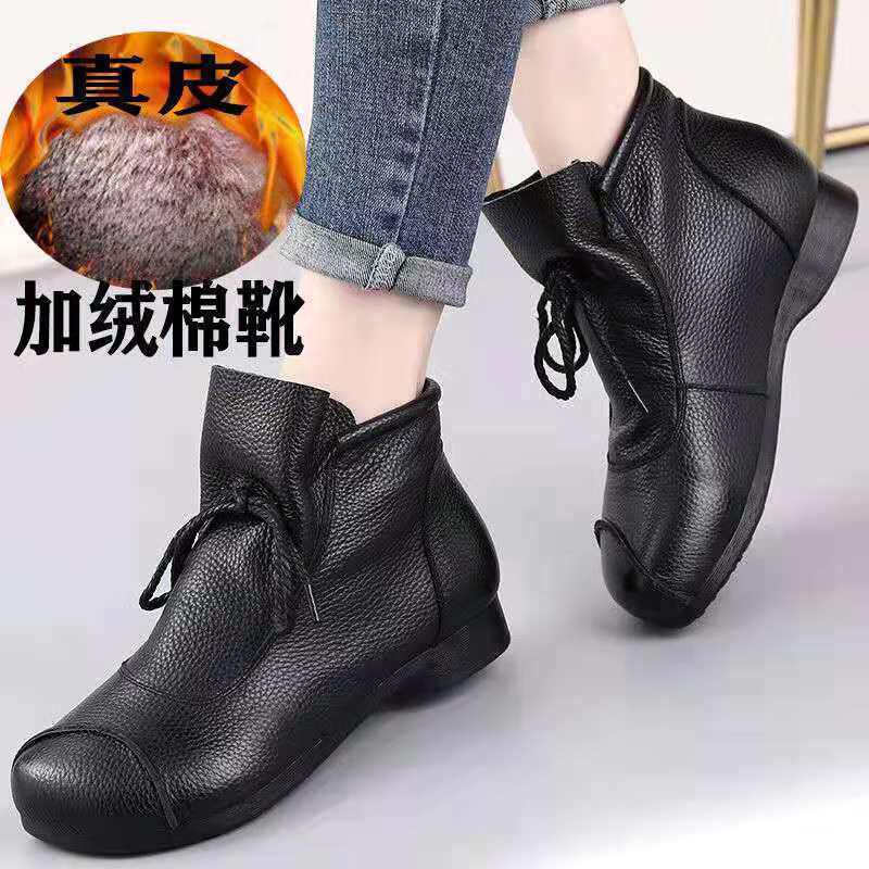 真皮舒适软底妈妈鞋2026春秋手工复古女鞋中年高帮皮鞋棉鞋女靴子