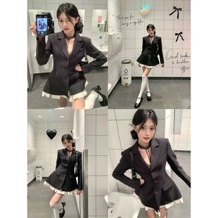 财阀千金气质黑色西装 气质拼接下摆短裙 连衣裙高级2025春装 新款