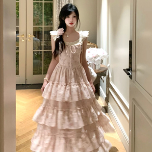碎花礼服长裙温柔收腰显瘦高级感公主蛋糕连衣裙子 精致甜美小飞袖