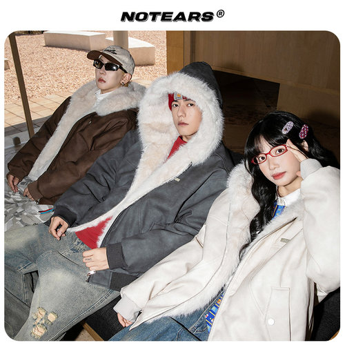 【座山雕毛绒毛领】冬季保暖拼接棉服pu皮夹棉夹克美式派克服M008