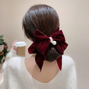 酒红色丝绒珍珠蝴蝶结飘带弹簧夹秋冬高级感发夹新娘头饰圣诞发饰