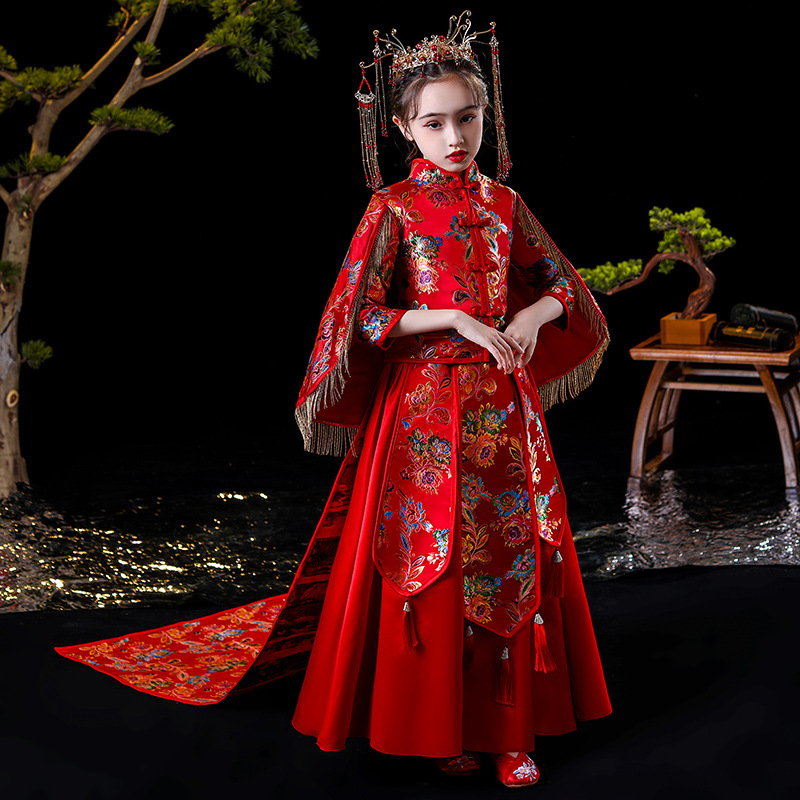 新款儿童古装汉服中式秀禾服宝宝中国风唐装超仙女童拜年服走秀拖