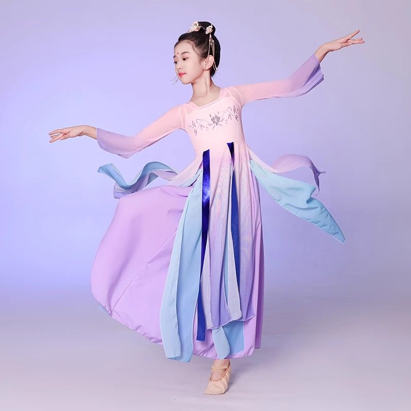古典舞演出服儿童春三月江南少女簪花引桃花笑胭脂妆舞蹈练功服女