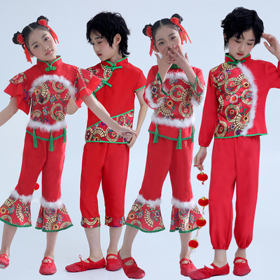 元旦儿童喜庆中国红演出服男女童幼儿舞蹈裙灯笼梦娃太平鼓表演服