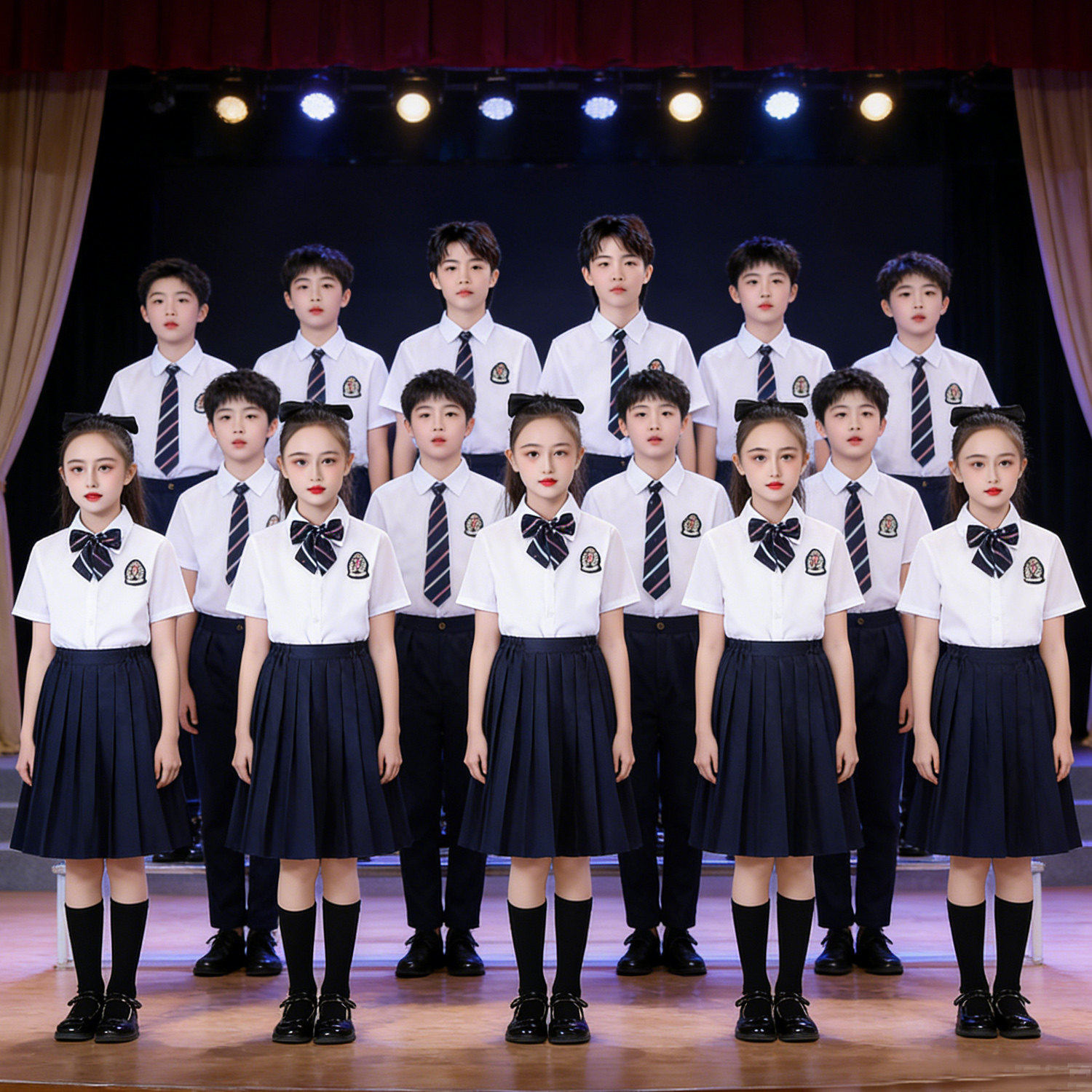 儿童白衬衫短袖男童衬衣蓝裤女童表演出服小学生运动会毕业照班服