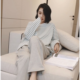夏季 芬腾新款 高级感家居服清仓套装 睡衣女春秋纯棉长袖 条纹韩版