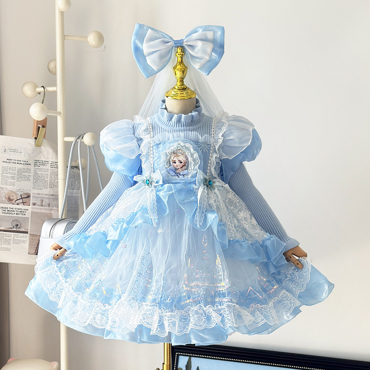 女童连衣裙儿童生日礼服公主裙秋冬长袖毛衣爱莎裙萝莉公主蓬蓬裙