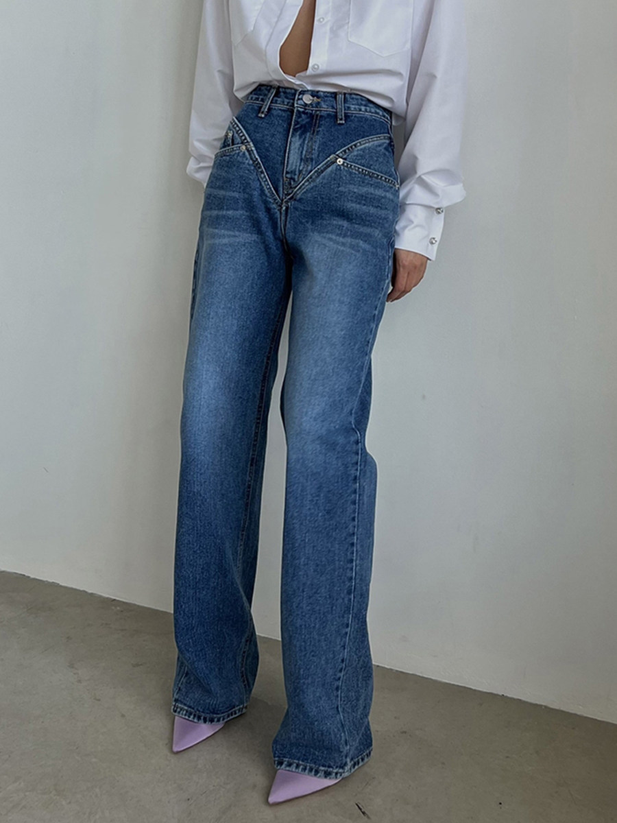 여성 청바지 전체 길이 빈티지 솔리드 컬러 워시 데님 P