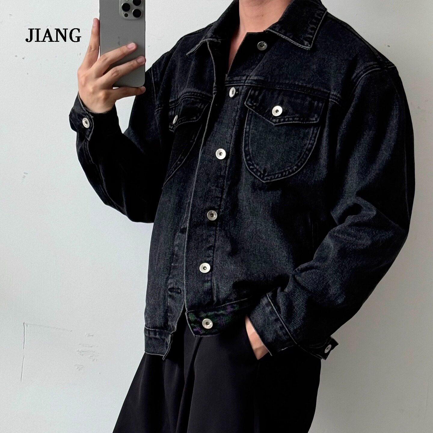 美式复古水洗黑牛仔外套短款做旧
