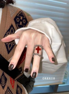 OREXIS 原创红色ins风十字架时尚个性钛钢情侣戒指女小众设计新款