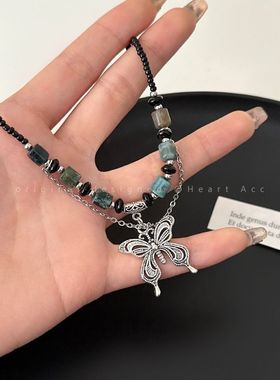 民族风复古串珠蝴蝶项链女新中式古着配饰ins嘻哈潮酷辣妹锁骨链