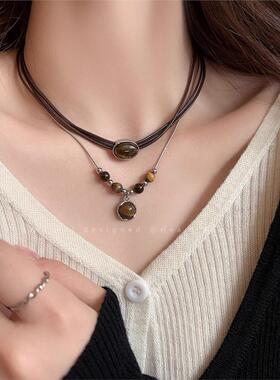 复古皮革虎眼石项链女中式叠戴choker小众颈链百搭气质锁骨链配饰