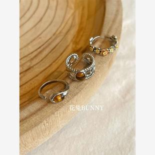 24年秋冬新 金属美拉德虎眼石重工戒指加宽文艺复兴古着孤品配饰