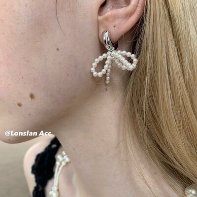 LONSLAN ACC 蝴蝶结手工编织圆圈耳环玻璃珠造型耳饰