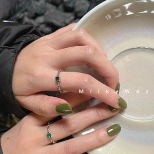 MilkyWay祖母绿锆石细开口戒纯银s925锆石戒指日韩复古开口可调节