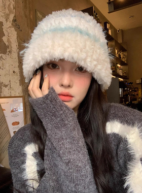毛绒渔夫帽女秋冬大头围加厚撞色针织帽防寒保暖护耳毛线帽显脸小