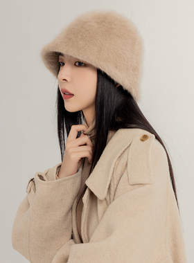 兔毛渔夫帽女秋冬新款毛毛盆帽百搭显脸小保暖护耳大头围水桶帽子