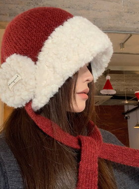毛绒加厚红色护耳毛线帽子女士秋冬季大头围保暖针织帽圣诞雷锋帽