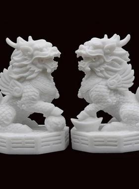 石雕石头汉白玉石麒麟摆件一对踩八卦解决卧室家用办公室神兽工艺