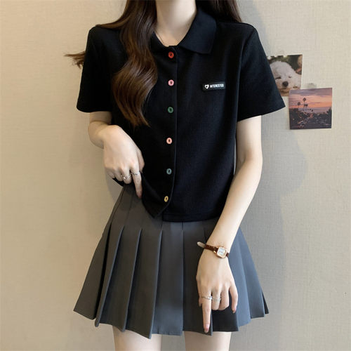 正肩polo领上衣夏2026新款大码胖mm显瘦设计感减龄别致短袖t恤女