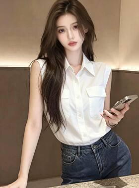 白色翻领衬衫女款2026新款夏季设计感女士无袖巨好看法式上衣衬衣