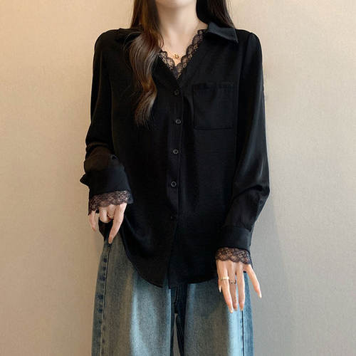 设计感蕾丝拼接polo领黑色长袖衬衫女2026春季大码胖mm超好看上衣