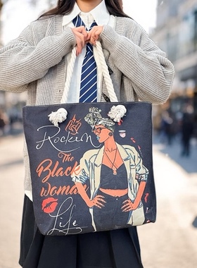 韩国小众设计感卡通印花帆布包大容量单肩包手提包百搭休闲